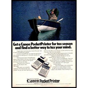 1984 Canon PocketPrinter Calculator Vintage Print Ad Fishing Boat Lake Wall Art